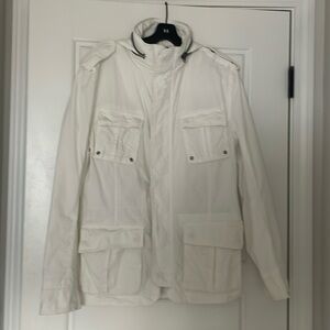 Zip & Snap Front Mock Neck Jacket with Hidden Hoodie & Epaulette shoulders 38